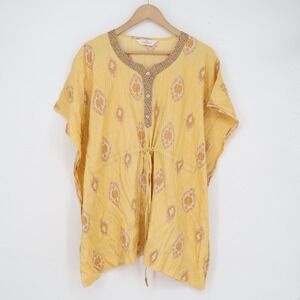 Comfort Yellow Ikat Kaftan Tunic Top Metallic Stripe Drawstring Waist Large